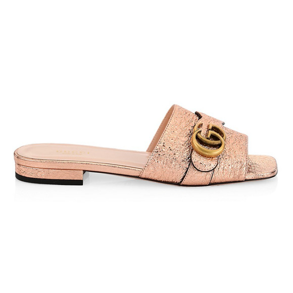 Gucci Marmont Rose Gold GG Interlocking Metal Logo Mule Flat Slide Sandal 37.5 - Picture 1 of 12